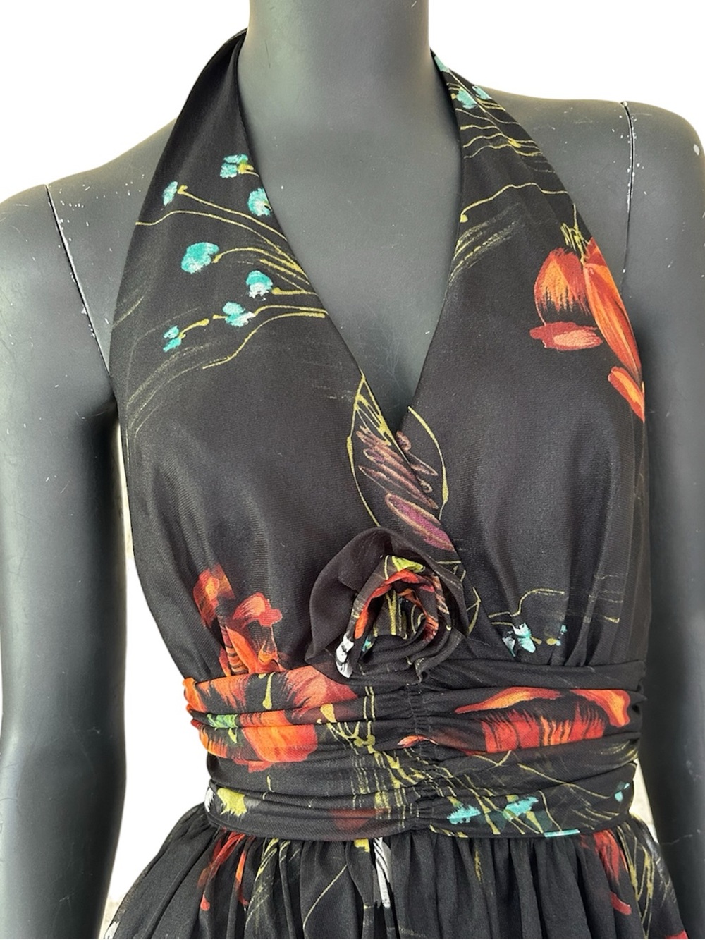 Vintage Floral Maxi Dress Wedding Guest Halter Neck 70s Feminine Dark Romantic